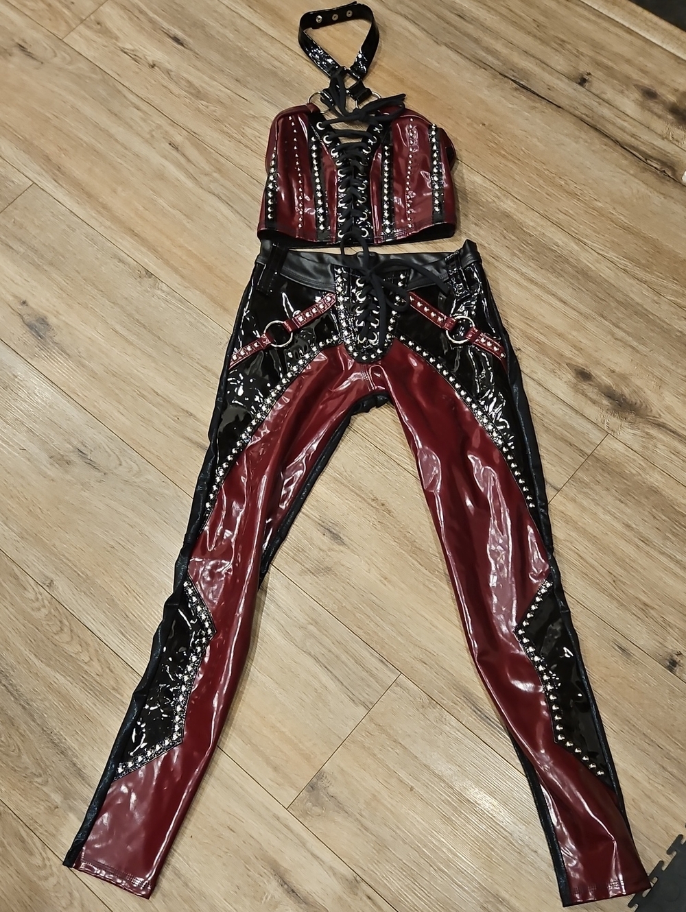 RARE Wicked Lester Clothing 2-Piece Vinyl Studded Corset & Chaps Pants Set Alt